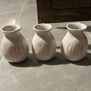 Rae Dunn White Vases with Red Holiday Text